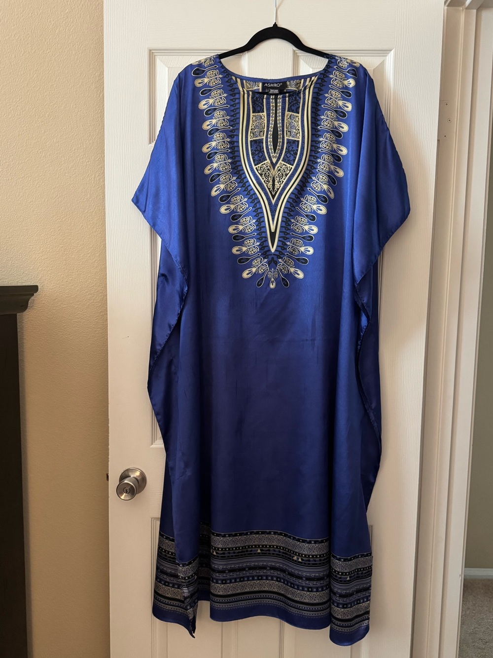 Dark Blue Kaftan with Beige & Black Accents by ASHRO